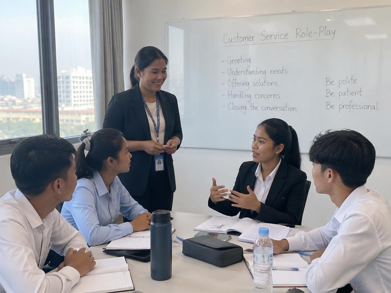 Illustrative image: young Cambodian professionals practising customer service in a training room